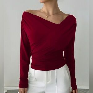 ♥️Hello Gorgeous! Elegant Asymmetrical Long Sleeve Blouse - Wine Red